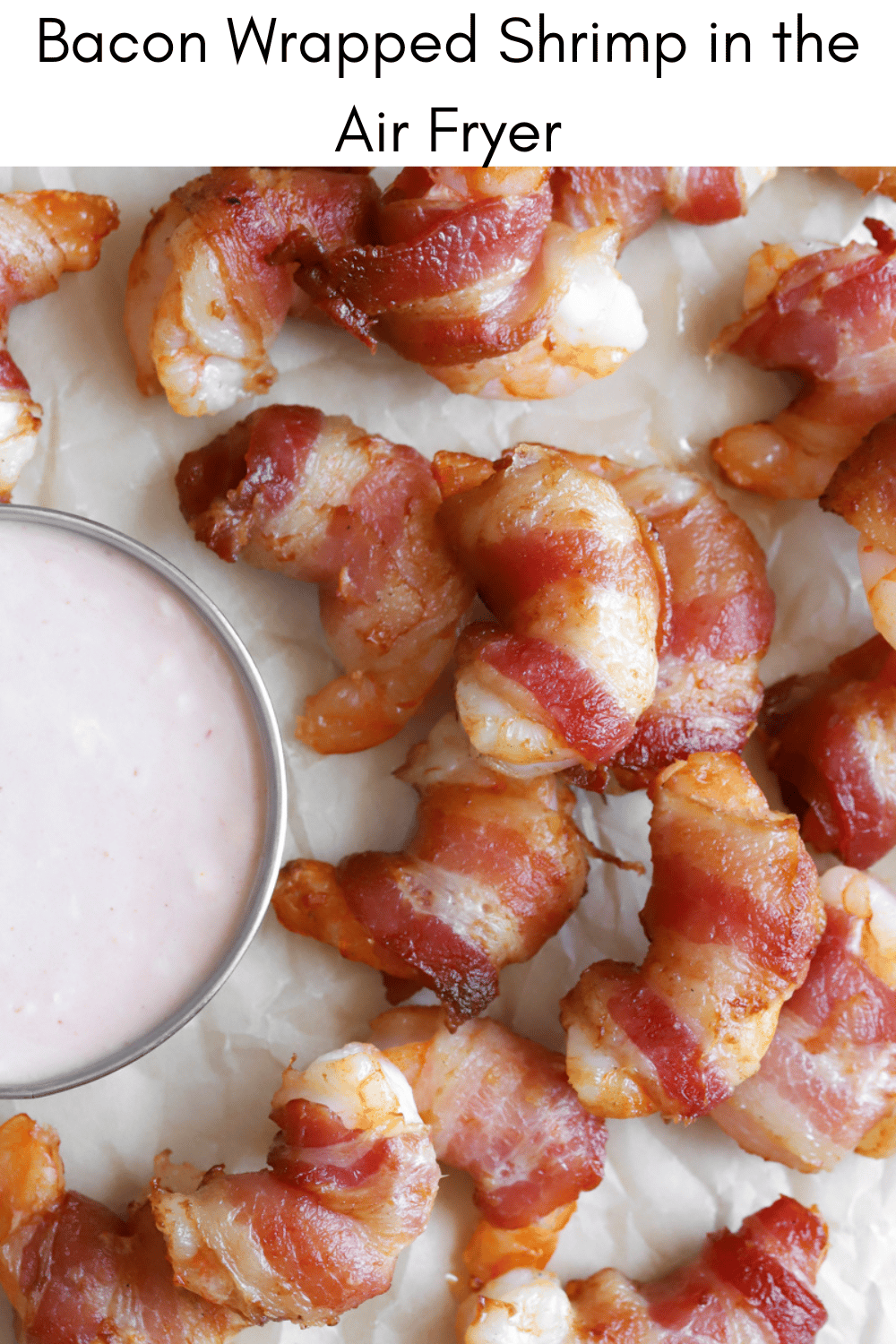 pinterest image for shrimp wrapped in bacon