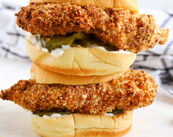 chicken sandwich stack with pickles