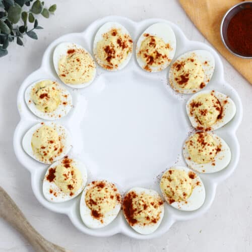 a platter of deviled eggs