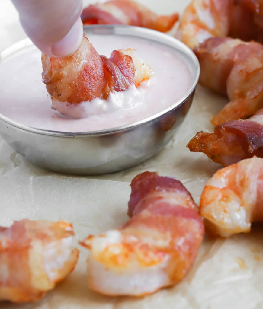 dipping bacon wrapped shrimp