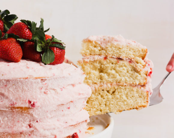 vanilla sour cream cake with strawberry icing