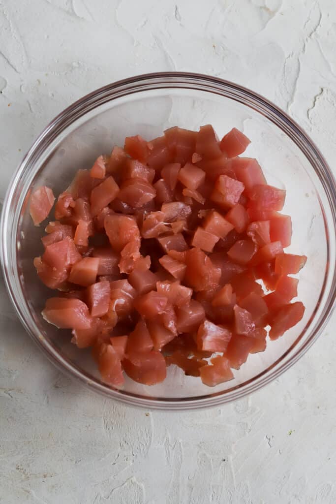 cubed tuna before marinade