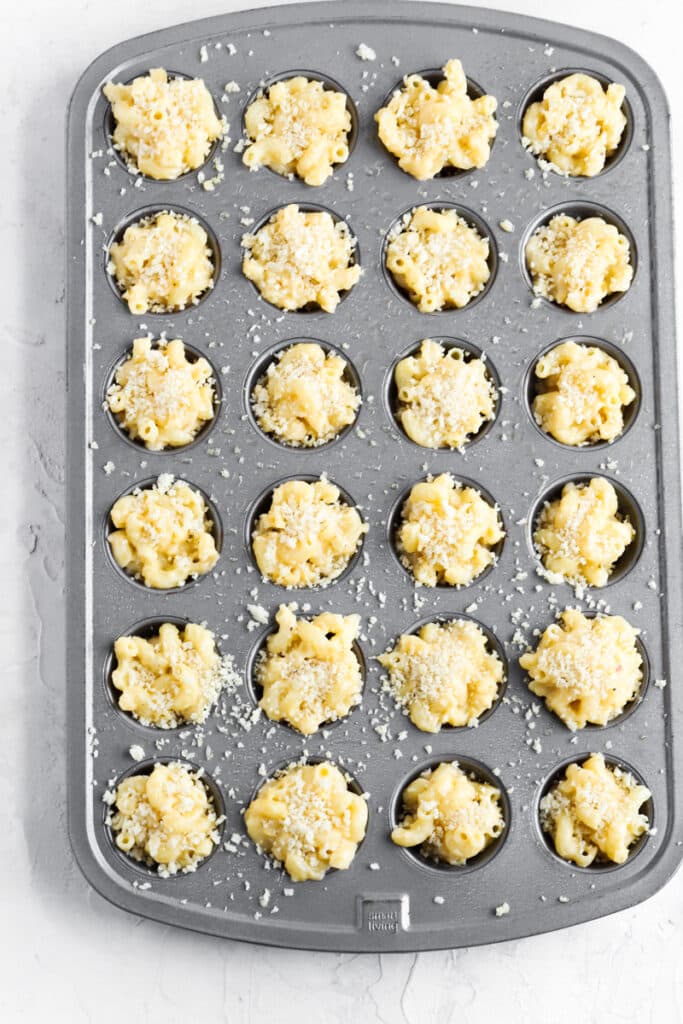form mac and cheese into muffin pan and top with bread crumbs